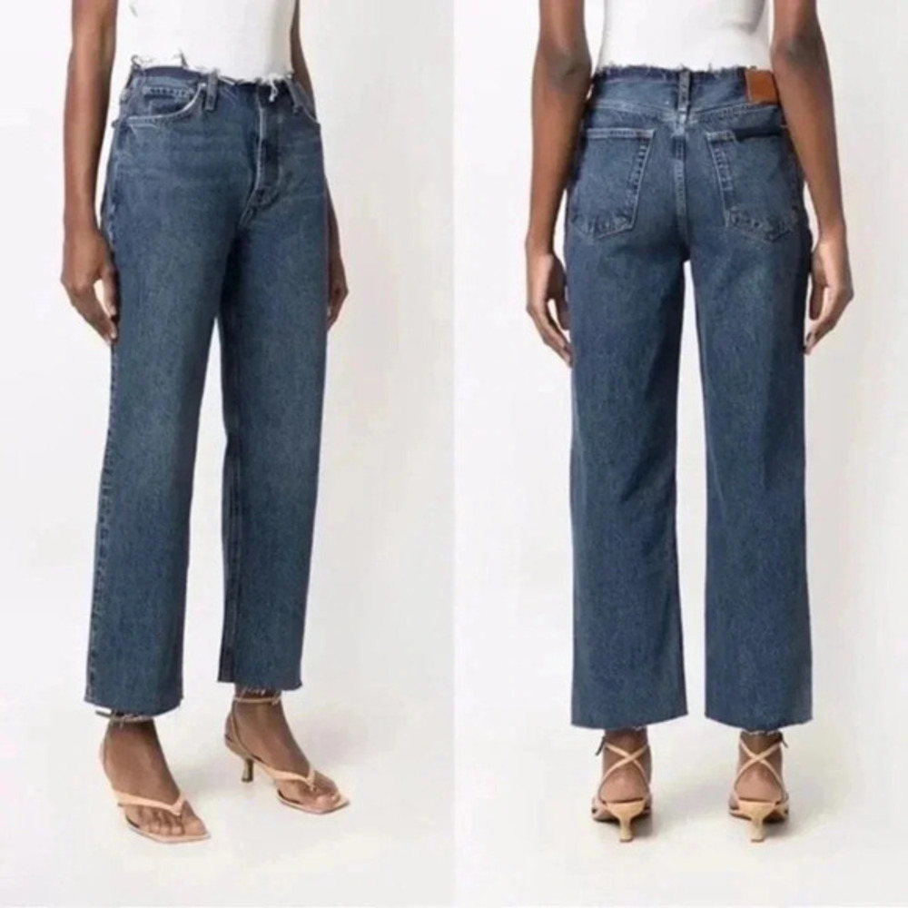 Anine Bing Gavin 1999 Relaxed Straight Leg Jeans Mid Rise Raw Hem Waist B1412
